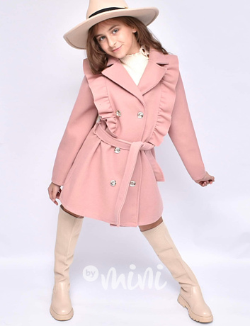Flaušový kabát s volánky pink