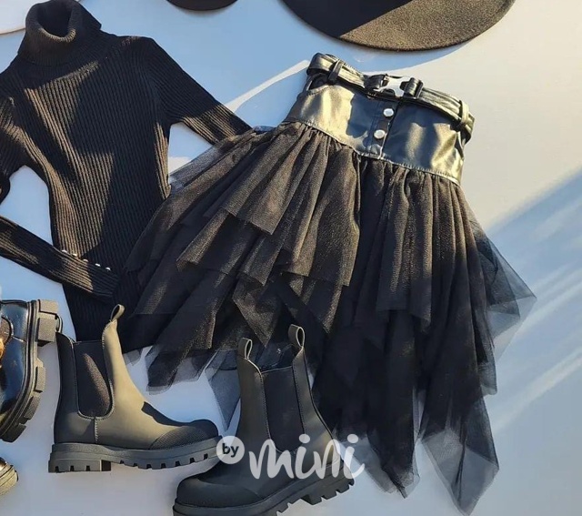 MIDI eco leather sukně s tylem černá