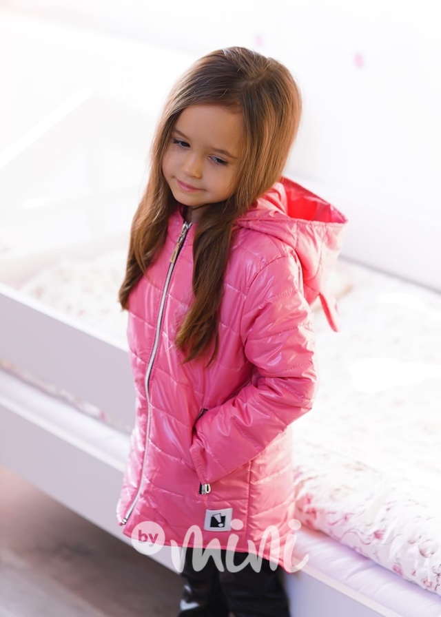 Jarní prošívaná dívčí long bunda ouška - pink
